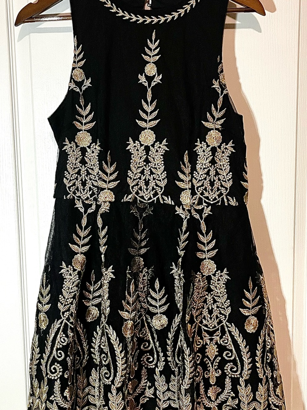 Altar'd State Black Midi Dress with Gold Floral Embroidery Dance
